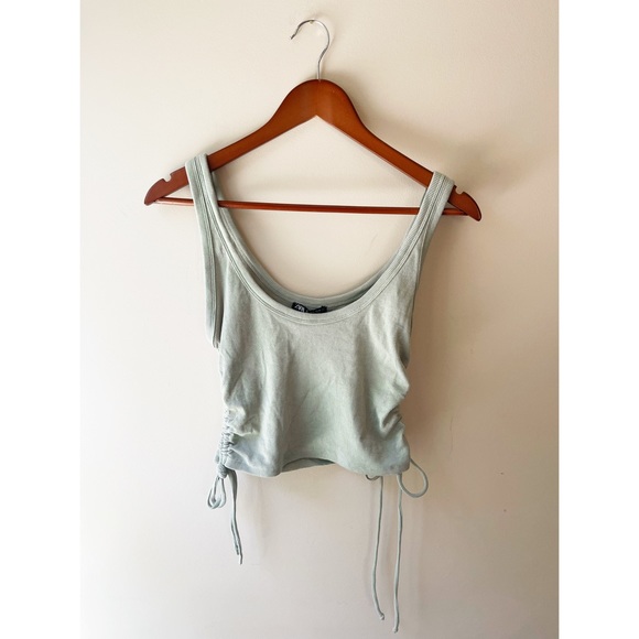 Zara Ribbed Side Tie Tank Top Ruched Green Large - Picture 6 of 7